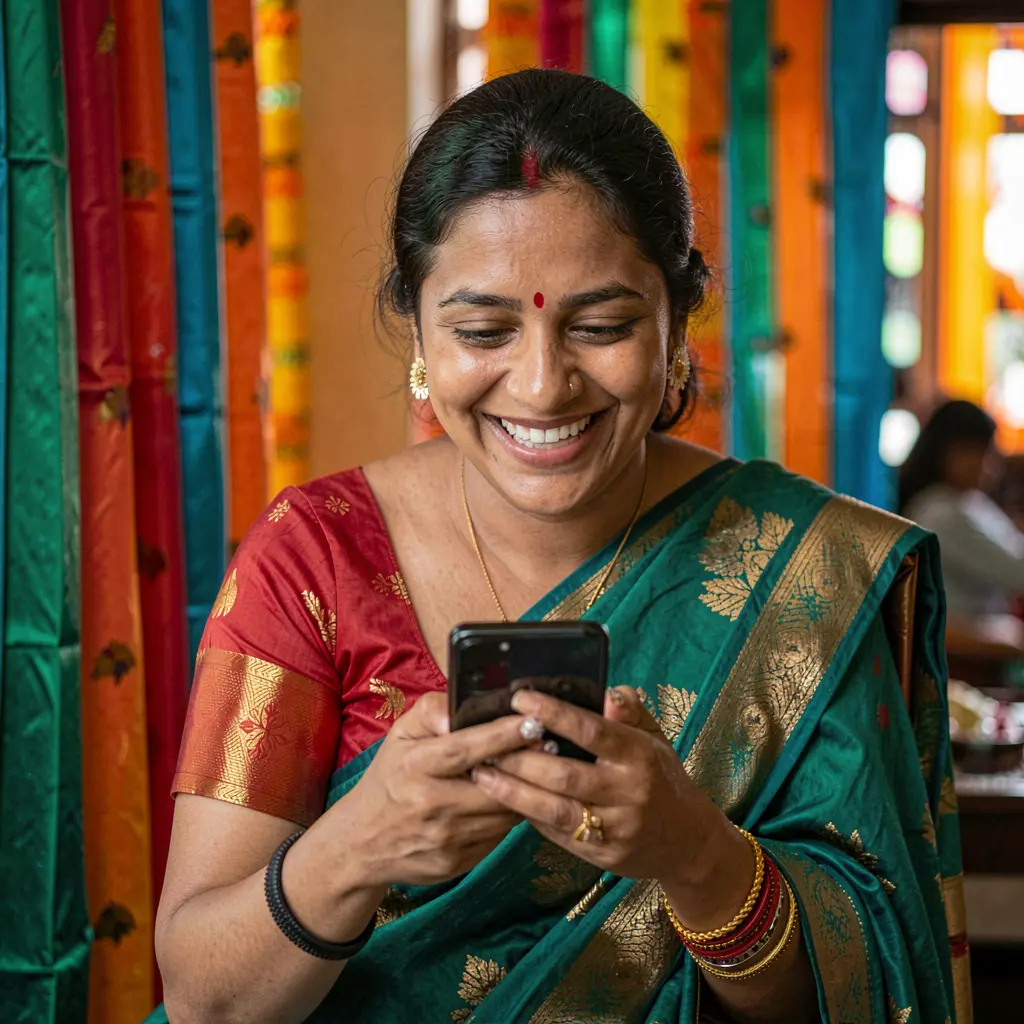 Happy Bangladeshi woman in a traditional sari smiling while using the QQ777 casino app on her smartphone in a colorful outdoor setting