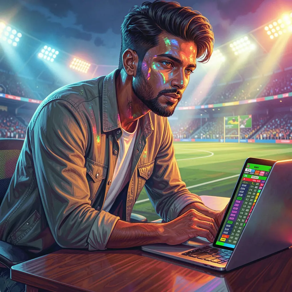 Focused Bangladeshi sports bettor analyzing live cricket odds on a laptop with colorful stadium lighting while using QQ777