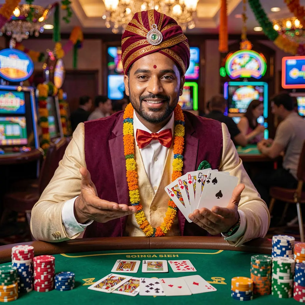 Elegant Bangladeshi casino dealer presenting the gaming table with cards and chips symbolizing trusted login to QQ777