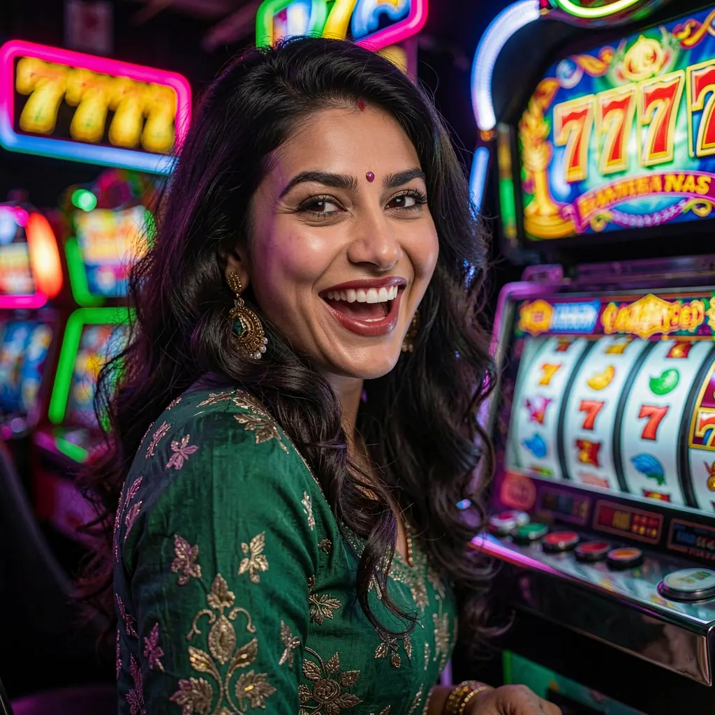 Excited woman smiling in front of glowing 777 slot symbols inside a vibrant casino atmosphere at QQ777 in Bangladesh